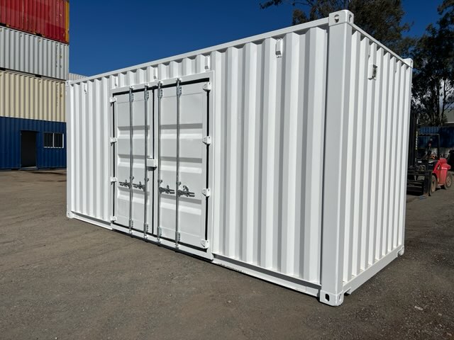 Finished white shipping container with double cargo doors