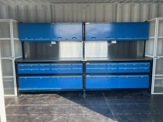 Fitted workshop bench with drawers and overhead cabinets